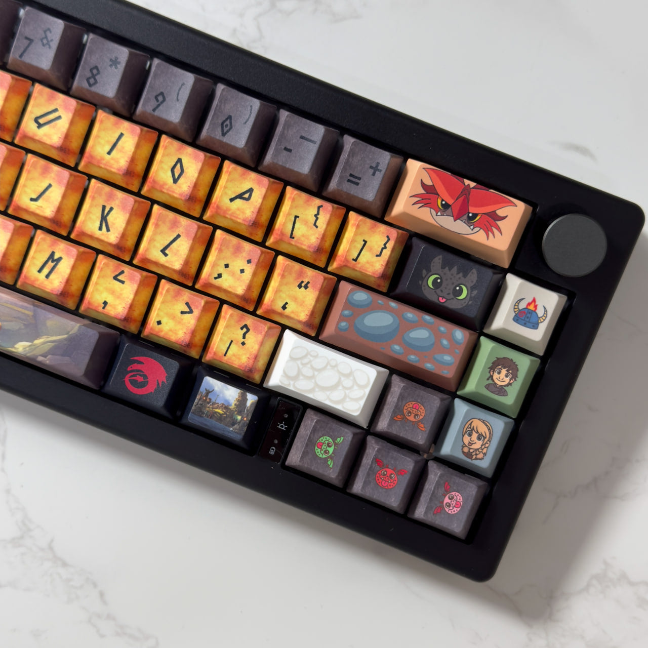Nightbolt V2 keyboard angled view with rotary knob and dark legend keycaps